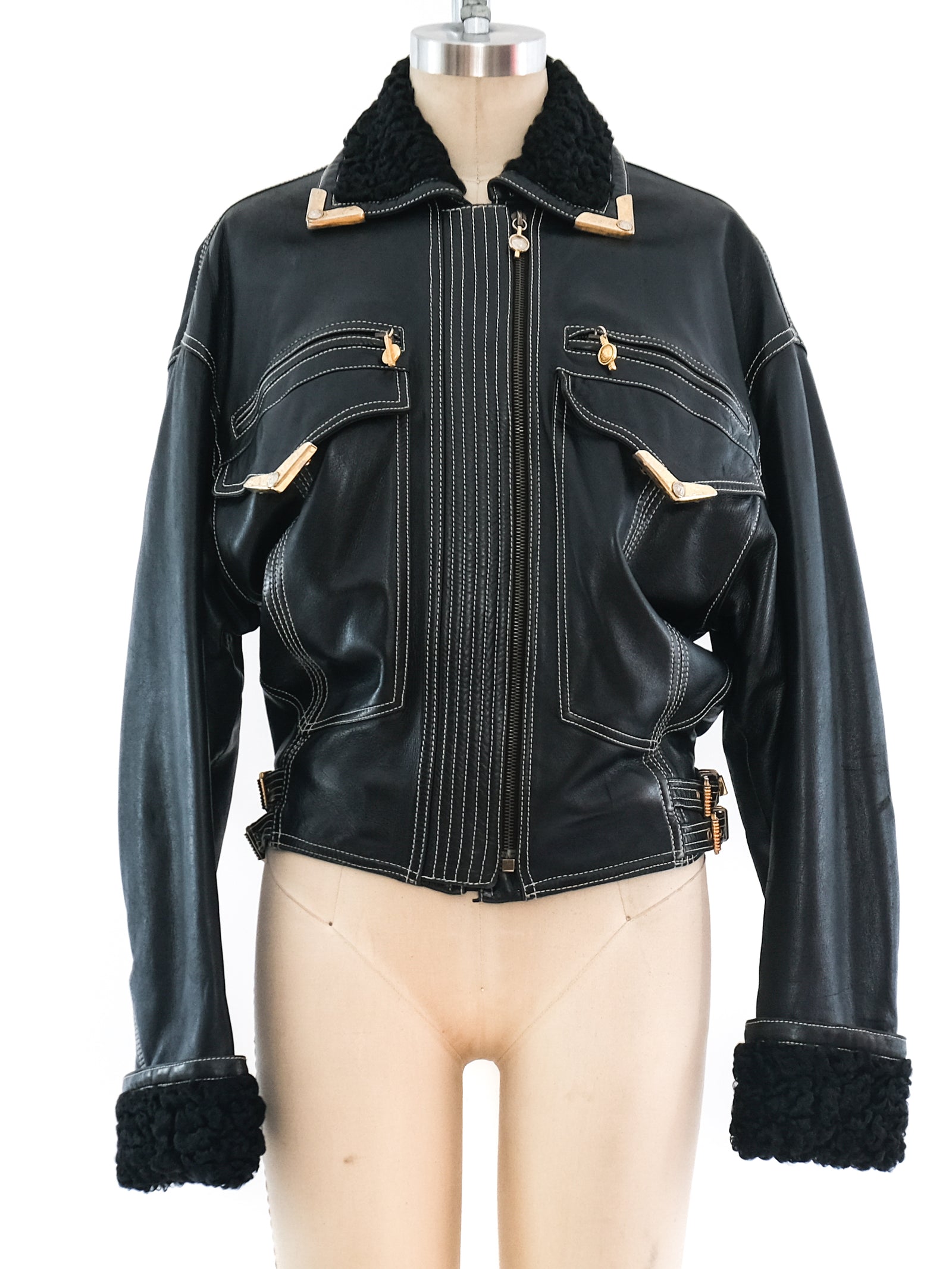 Gianni Versace Lamb Fur Trimmed Leather Jacket