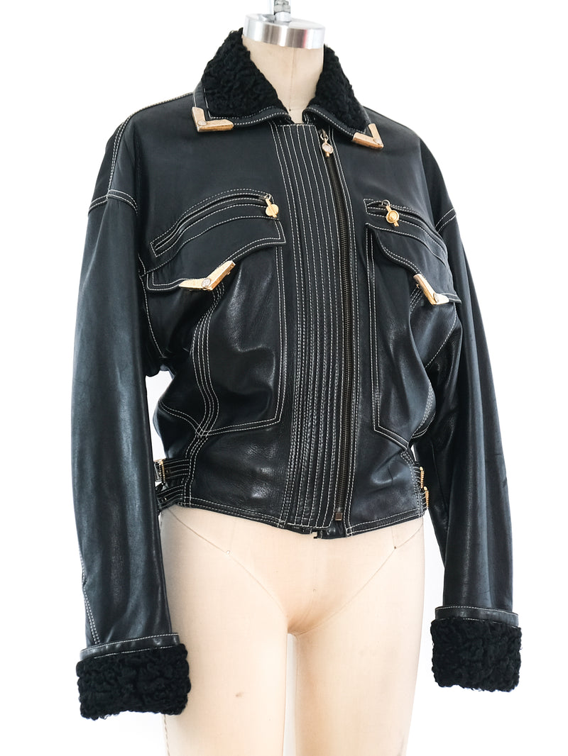 Gianni Versace Lamb Fur Trimmed Leather Jacket Jacket arcadeshops.com
