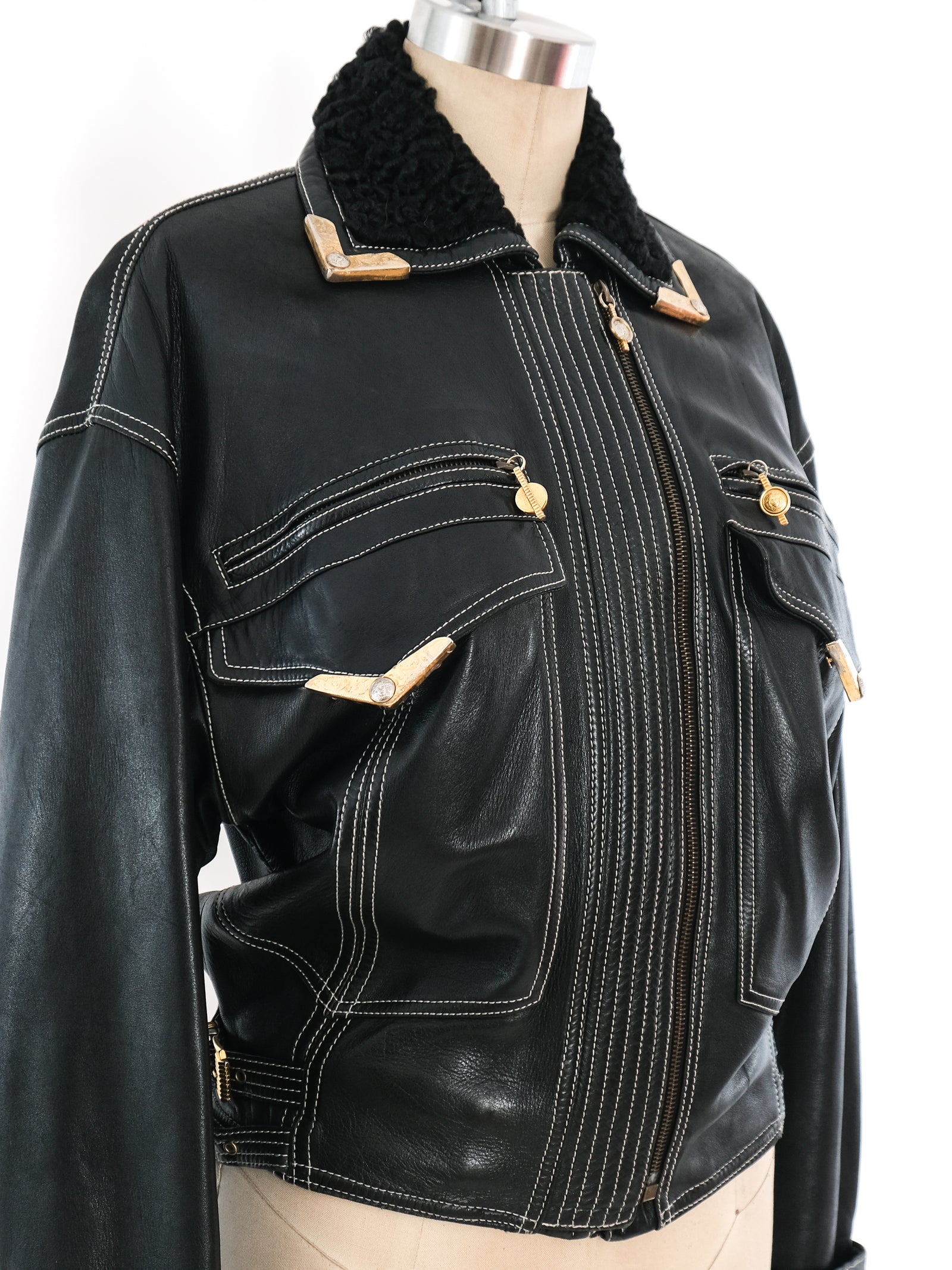 Gianni Versace Lamb Fur Trimmed Leather Jacket