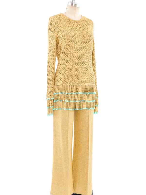 Turquoise Accented Metallic Gold Knit Ensemble Suit arcadeshops.com