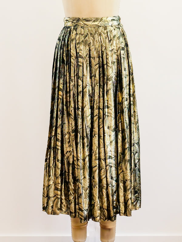 Gold Lurex Leaf Pattern Pleated Skirt Skirt arcadeshops.com