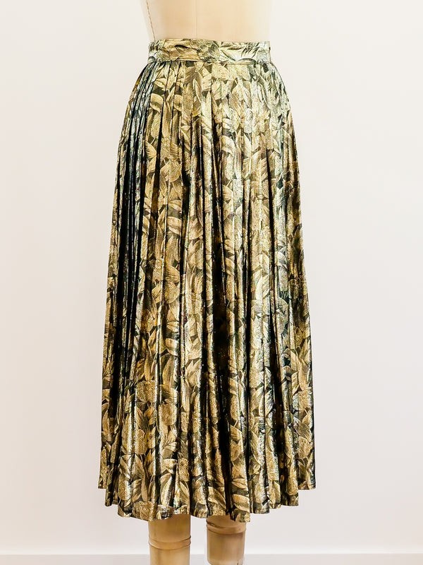 Gold Lurex Leaf Pattern Pleated Skirt Skirt arcadeshops.com