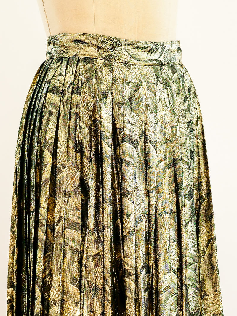 Gold Lurex Leaf Pattern Pleated Skirt Skirt arcadeshops.com