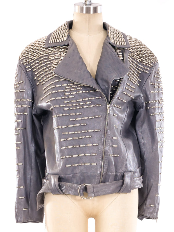 Claude Montana Studded Grey Motorcycle Jacket Jacket arcadeshops.com