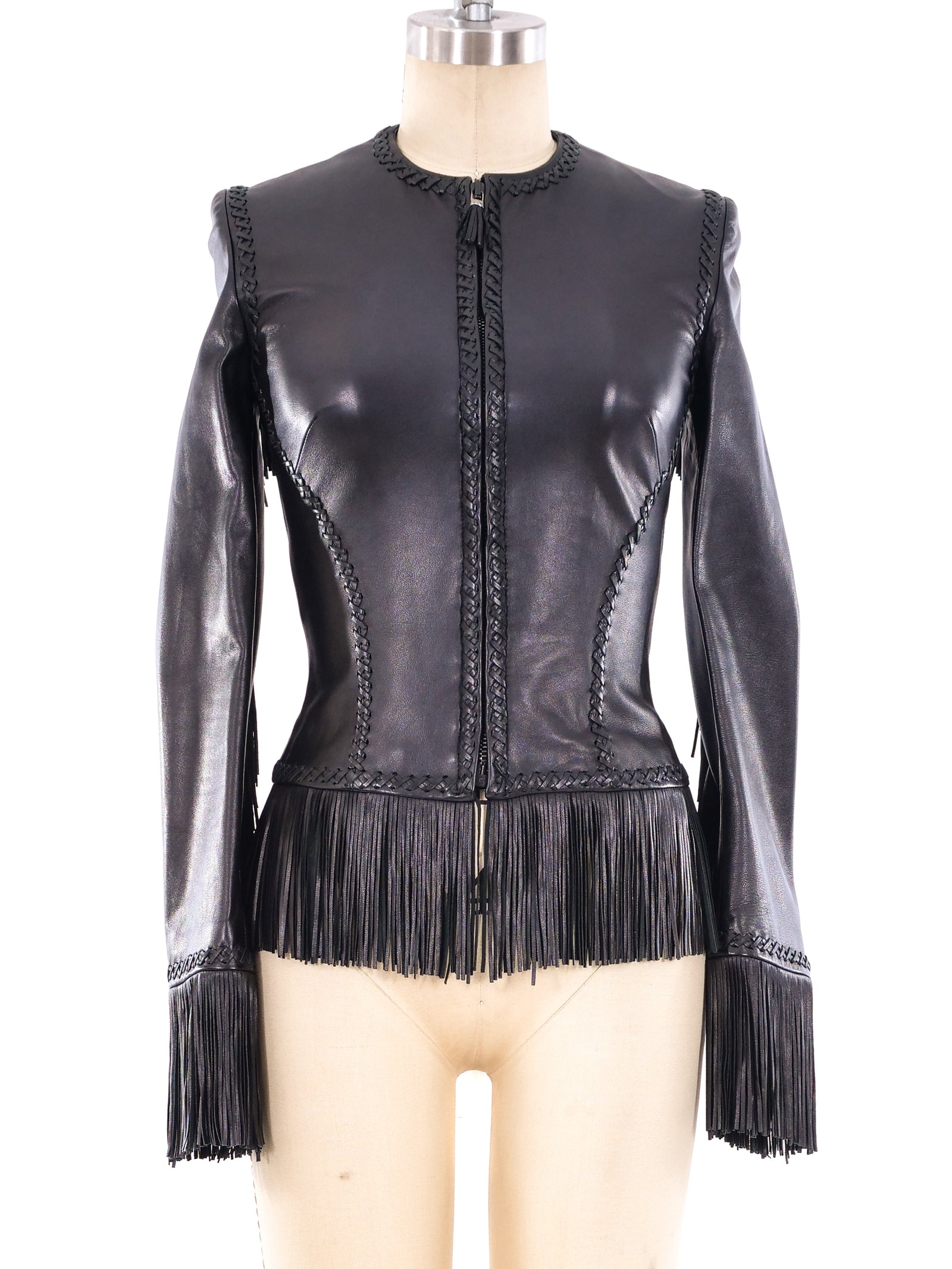 Gianni Versace Fringe Trimmed Lace Up Leather Jacket