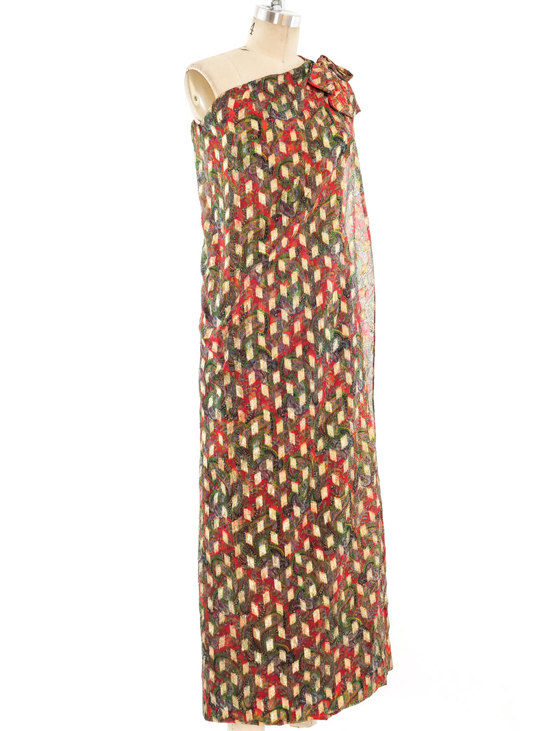Metallic Paisley One Shoulder Gown Dress arcadeshops.com