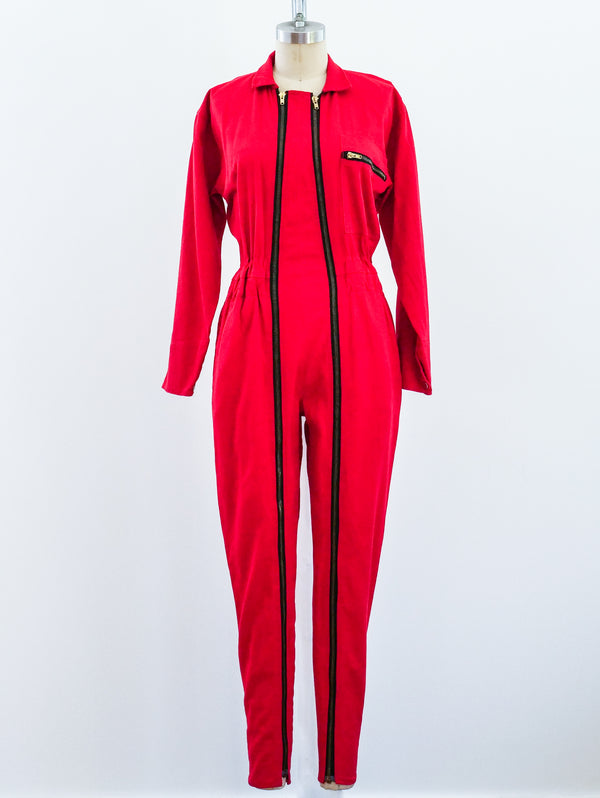 Red Denim Double Zip Jumpsuit Jumpsuit arcadeshops.com