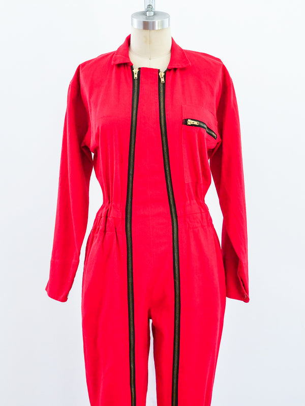 Red Denim Double Zip Jumpsuit Jumpsuit arcadeshops.com