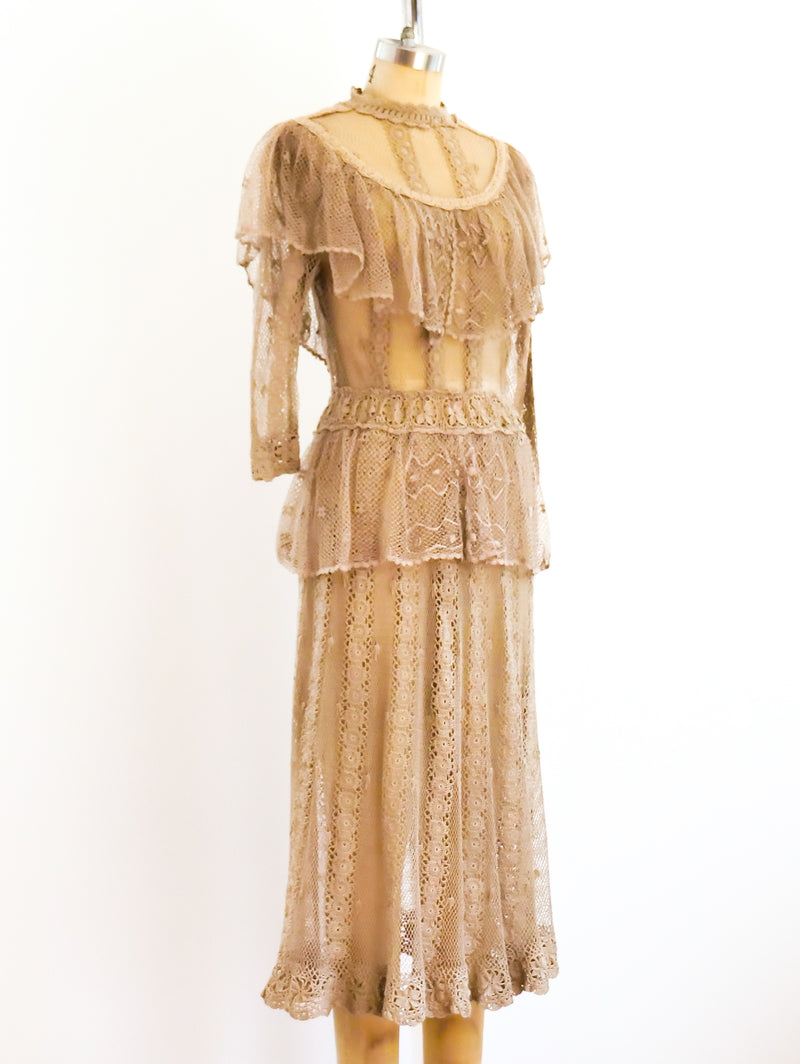 Beige Crochet Victorian Inspired Dress Dress arcadeshops.com