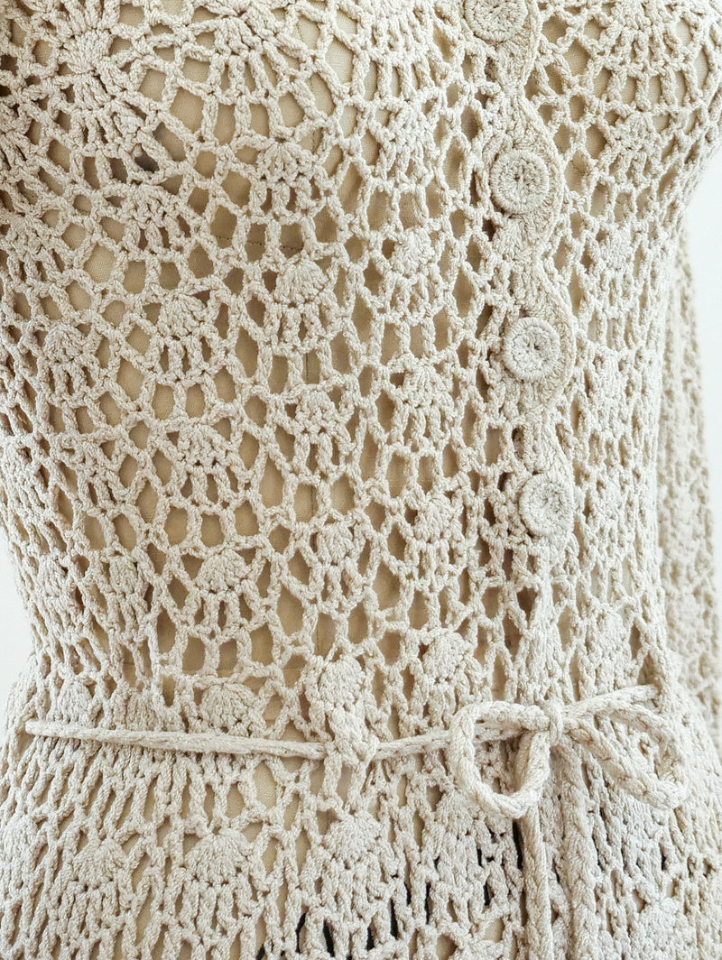 Beige Crochet Tie Waist Dress Dress arcadeshops.com