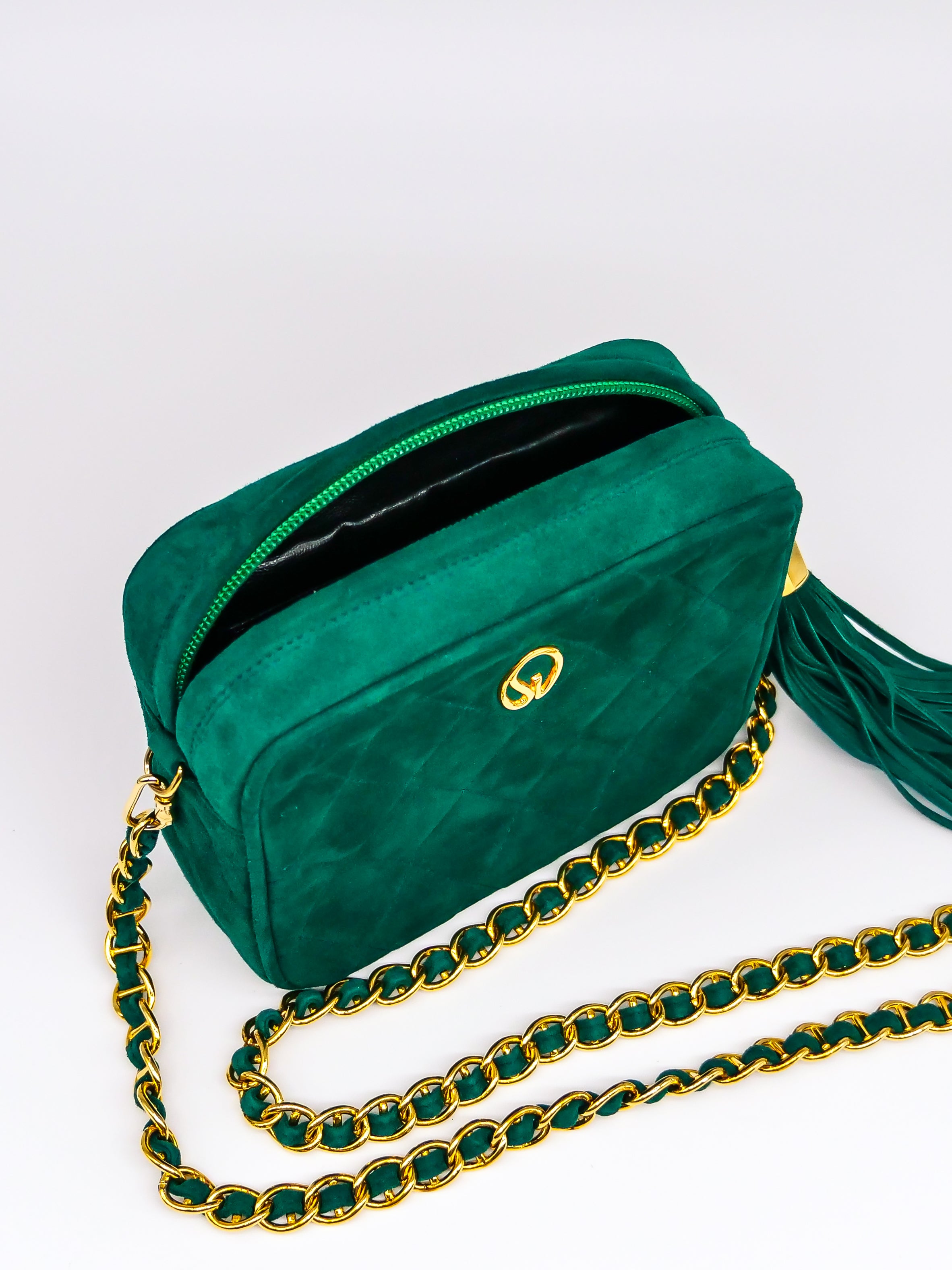 St John Quilted Green Suede Shoulder Bag