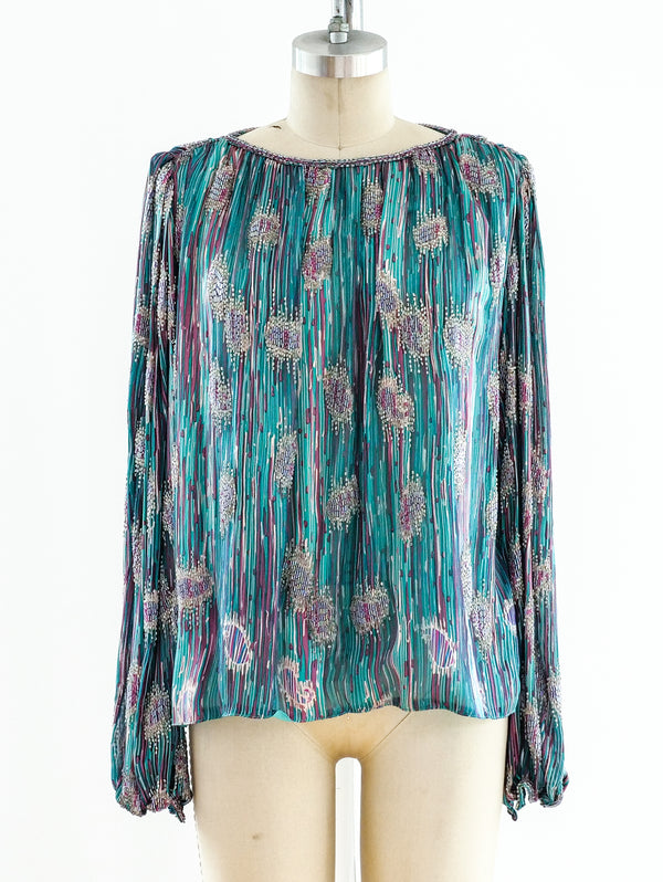 Beaded Teal Silk Top Top arcadeshops.com