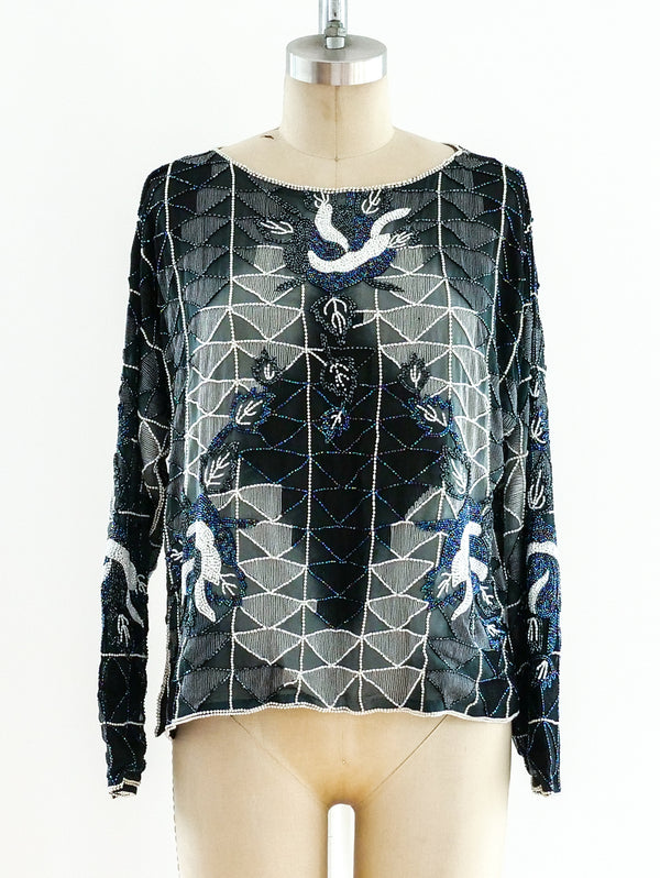 Geometric Beaded Silk Top Top arcadeshops.com