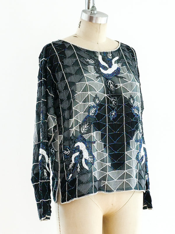 Geometric Beaded Silk Top Top arcadeshops.com