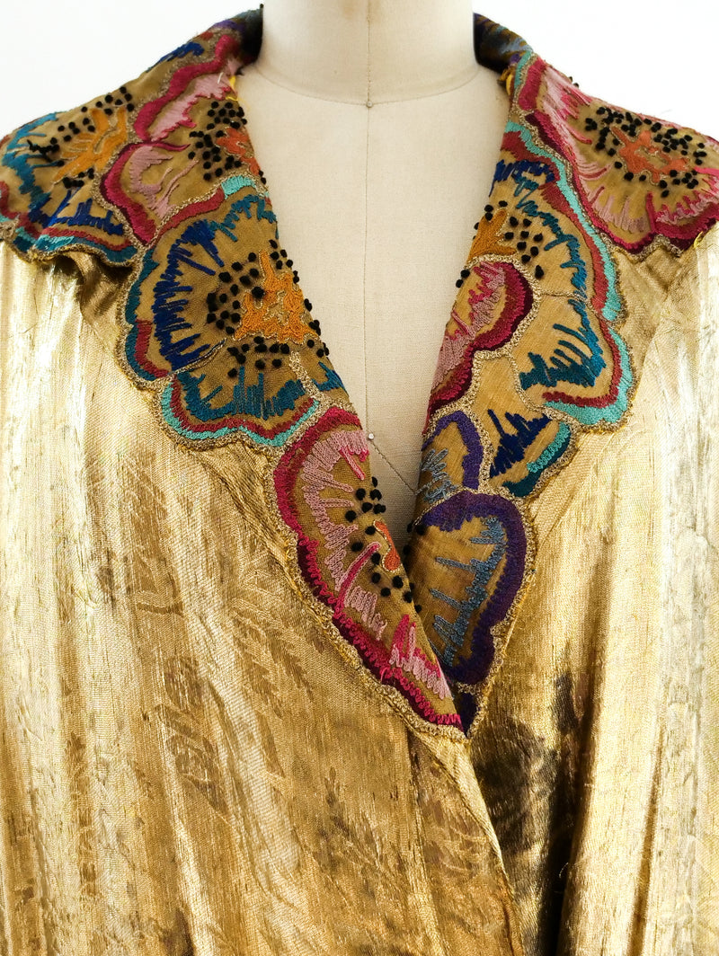 1920's Gold Lame Opera Coat with Floral Embroidery Jacket arcadeshops.com