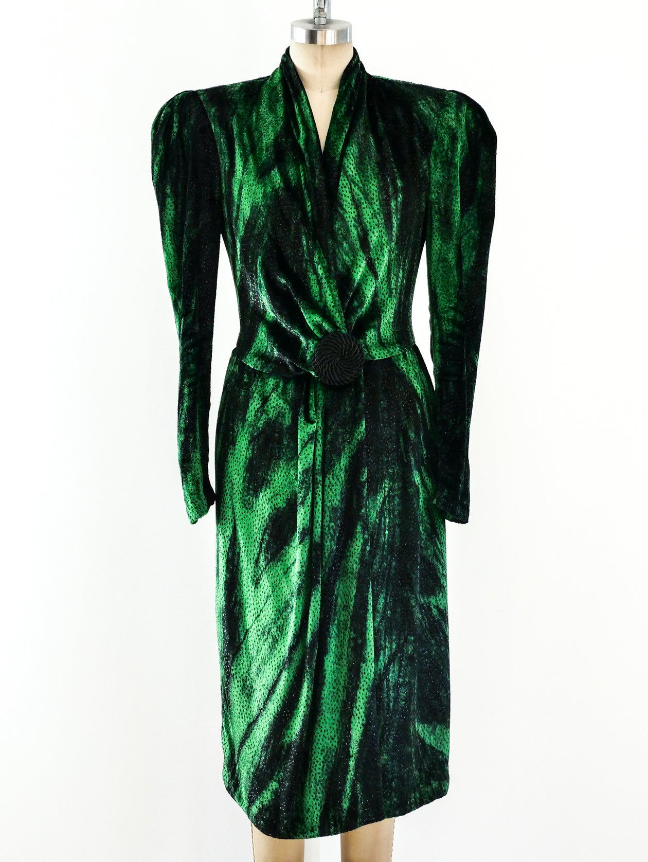 Green Lurex Velvet Wrap Dress