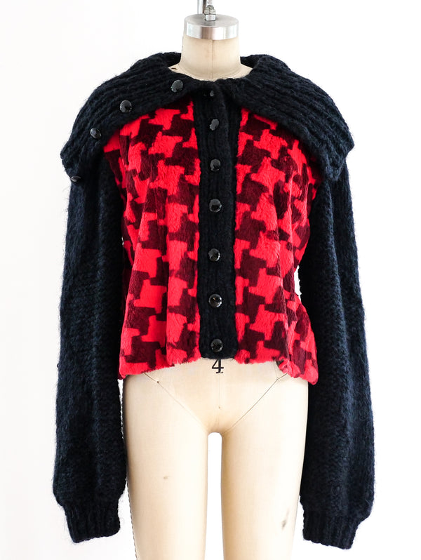 Houndstooth Fur Panelled Knit Cardigan Jacket arcadeshops.com