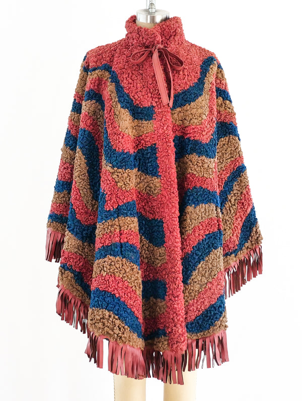 Swirl Pattern Lamb Fur Fringed Cape Jacket arcadeshops.com