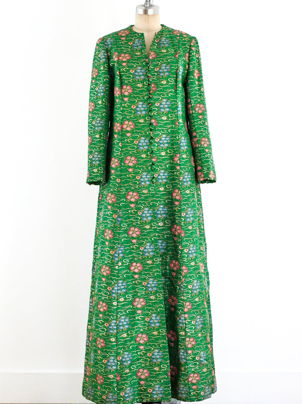 Green Brocade Button Front Maxi Coat Jacket arcadeshops.com