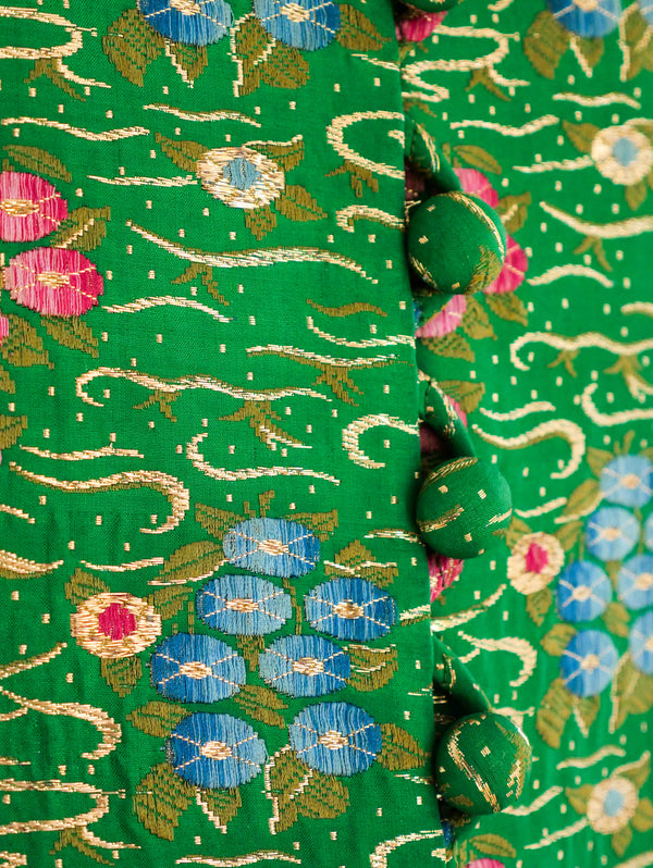 Green Brocade Button Front Maxi Coat Jacket arcadeshops.com