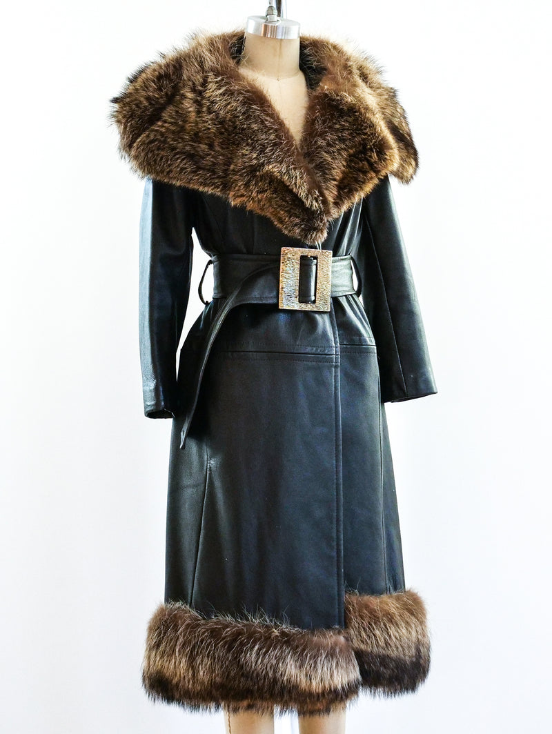 Fur Trimmed Belted Leather Coat Jacket arcadeshops.com