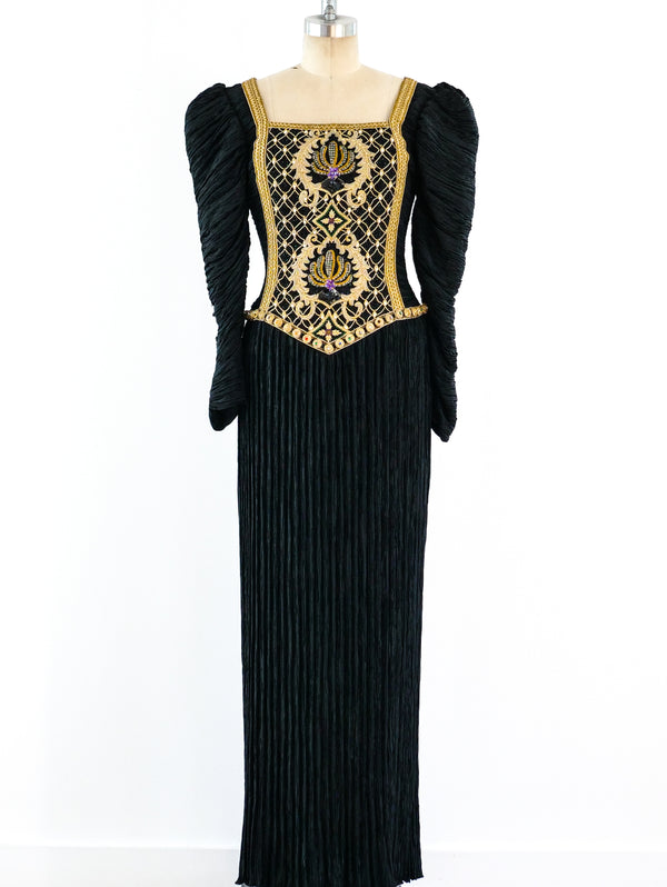 Mary McFadden Black Embellished Plisse Gown Dress arcadeshops.com