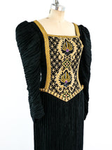 Mary McFadden Black Embellished Plisse Gown Dress arcadeshops.com