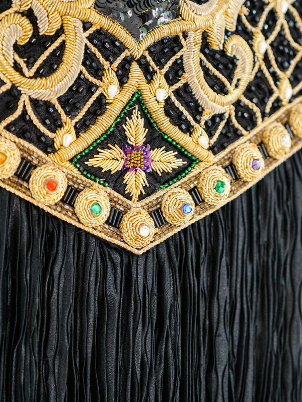 Mary McFadden Black Embellished Plisse Gown Dress arcadeshops.com