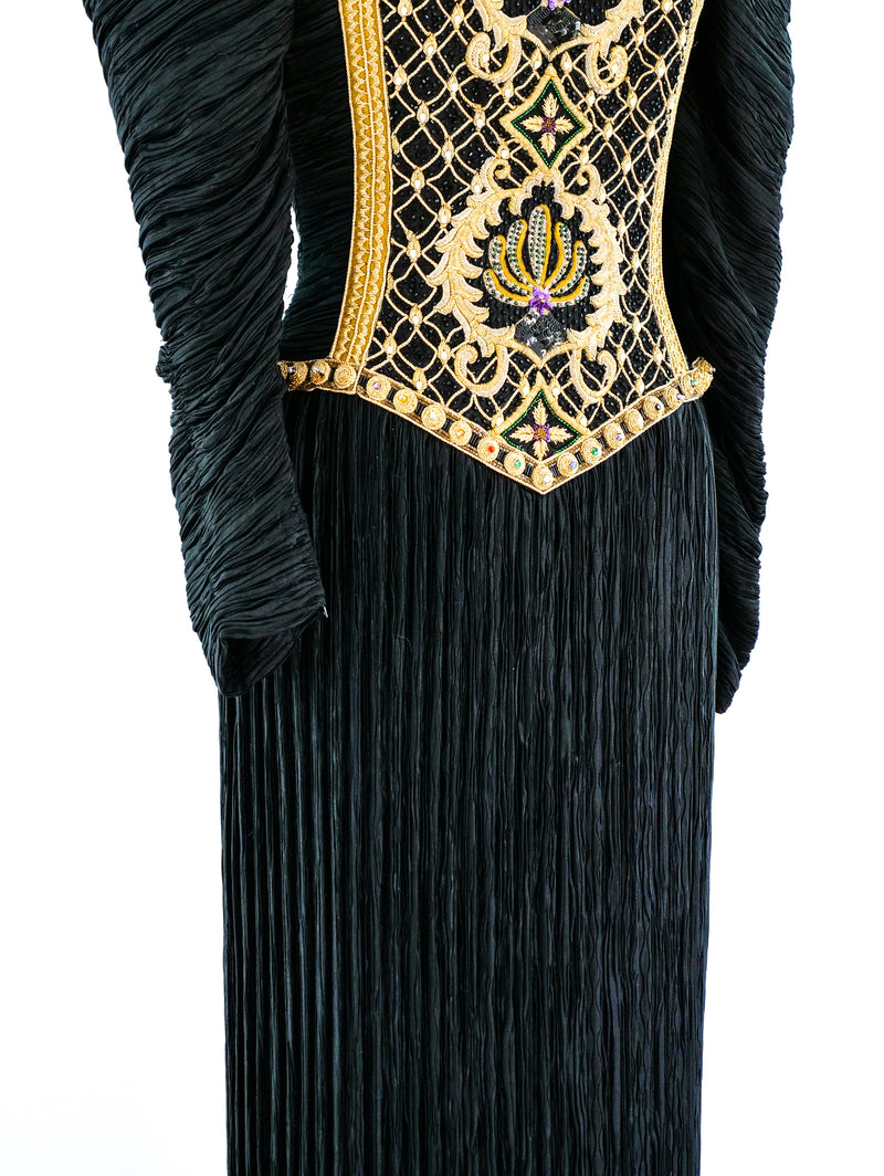 Mary McFadden Black Embellished Plisse Gown Dress arcadeshops.com