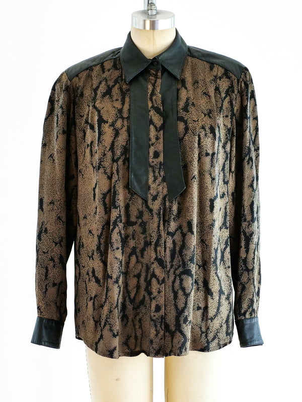 Animal Print Leather Trimmed Silk Top Top arcadeshops.com