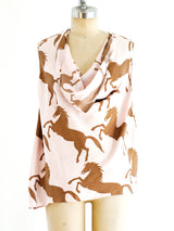 Horse Print Silk Blouse Top arcadeshops.com