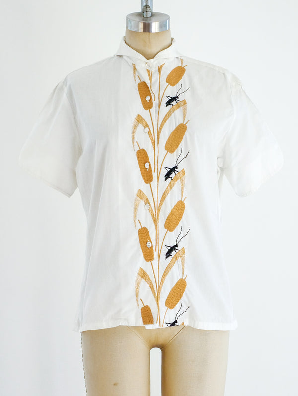 Oleg Cassini Wheat Embroidered Shirt Top arcadeshops.com