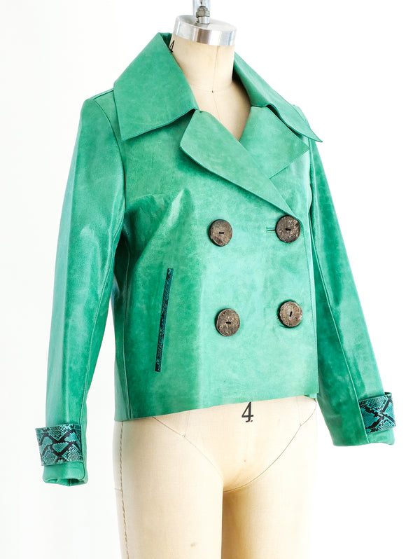 Snakeskin Trimmed Turquoise Leather Jacket Jacket arcadeshops.com