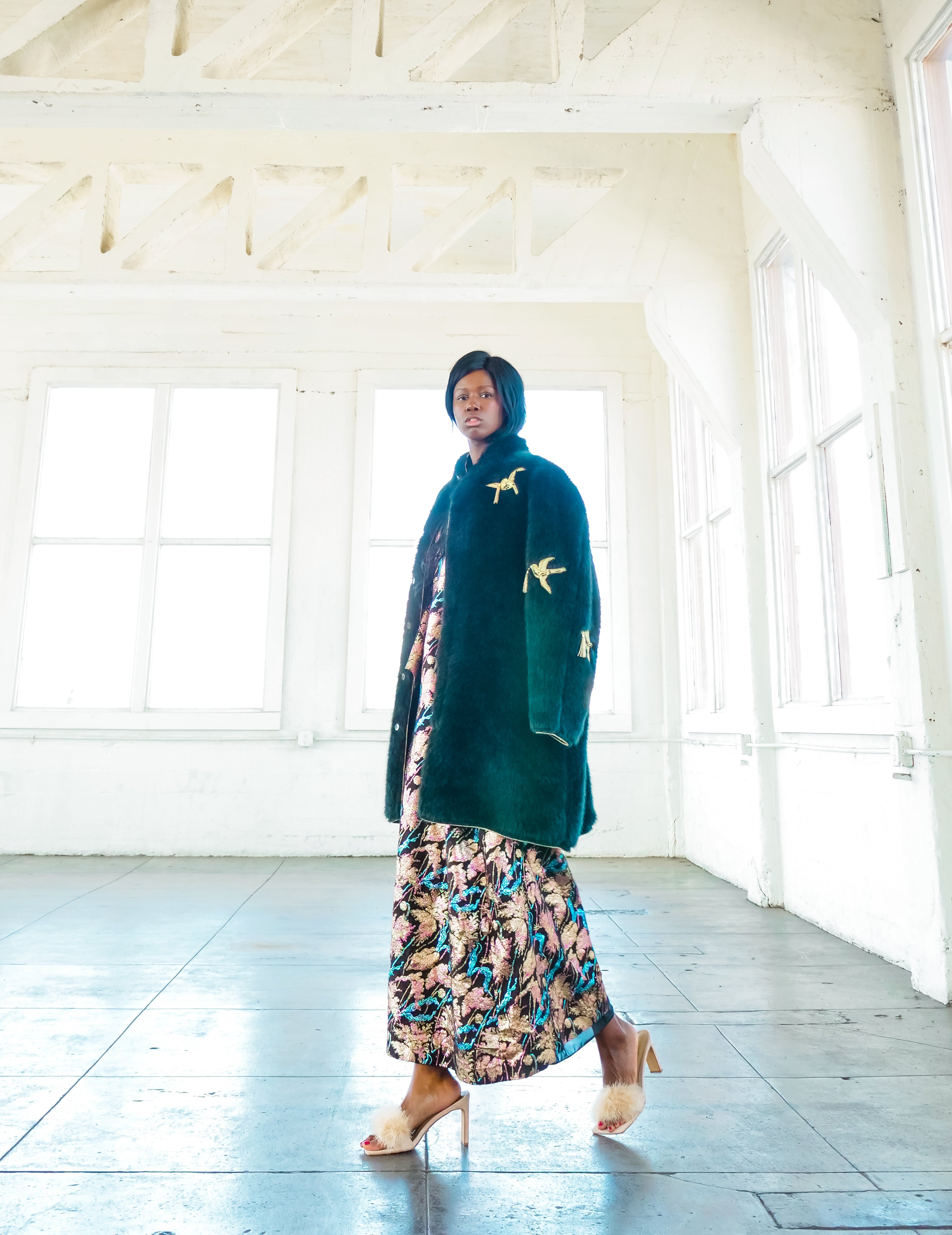 Kansai Faux Fur Coat with Swallows