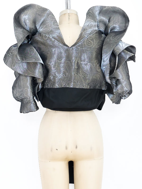 Metallic Silver Ruffle Wrap Top Top arcadeshops.com
