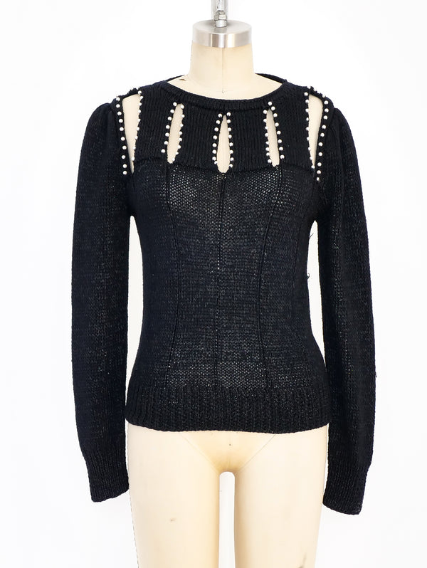 Faux Pearl Embellished Cutout Sweater Top arcadeshops.com