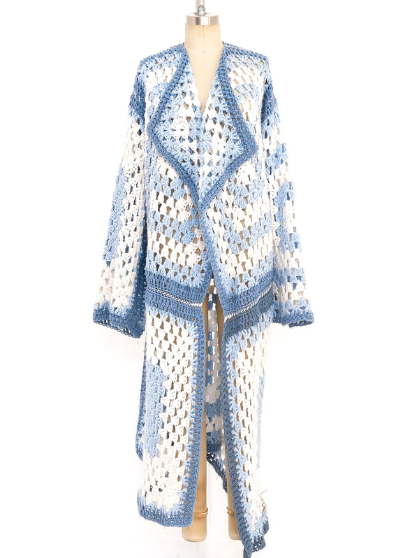 Blue and White Crochet Knit Duster Jacket arcadeshops.com