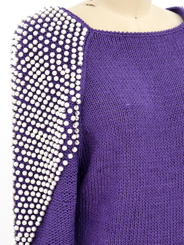 Faux Pearl Embellished Purple Sweater Top arcadeshops.com