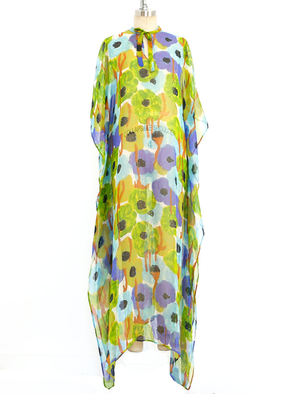 Watercolor Floral Printed Chiffon Caftan Dress arcadeshops.com