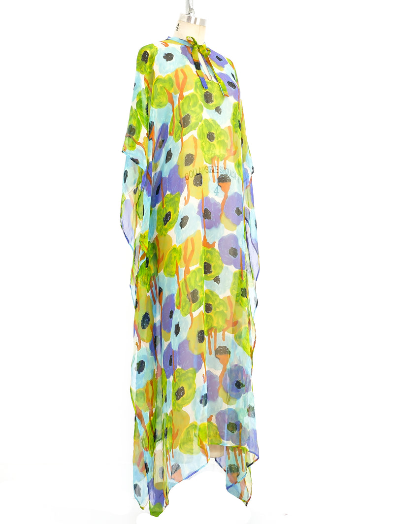 Watercolor Floral Printed Chiffon Caftan Dress arcadeshops.com