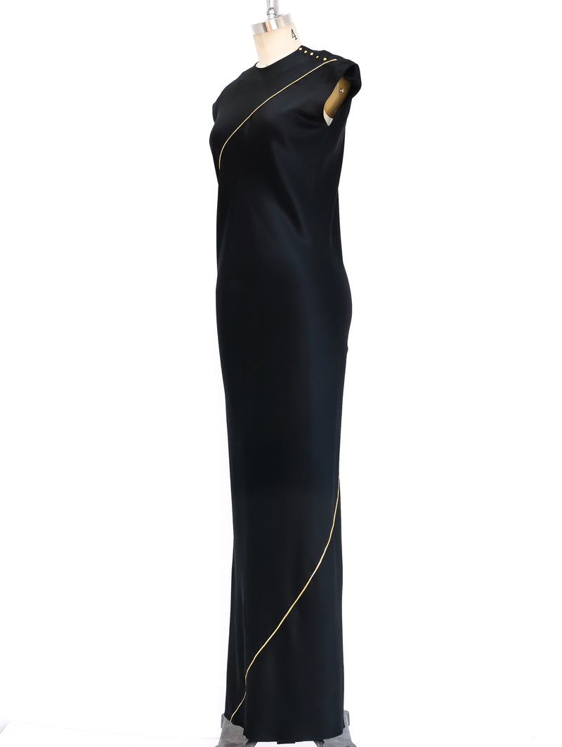 Sleeveless Satin Gown with Gold Trim Dress arcadeshops.com