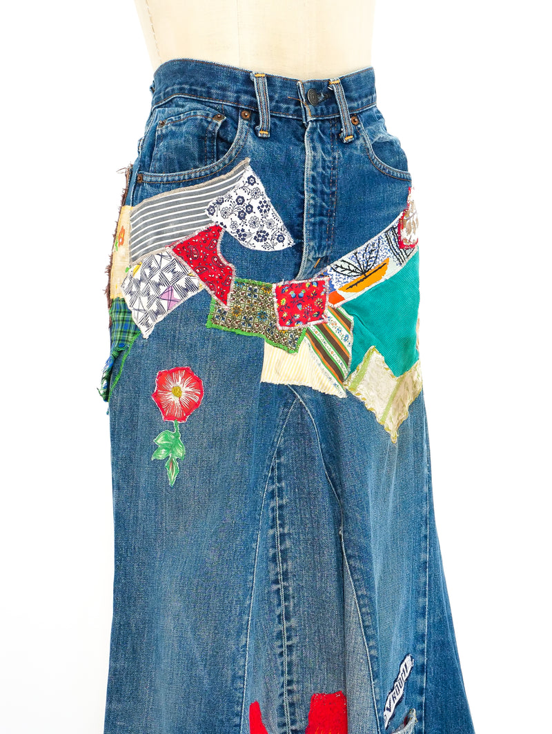 Patchwork Denim Maxi Skirt Bottom arcadeshops.com