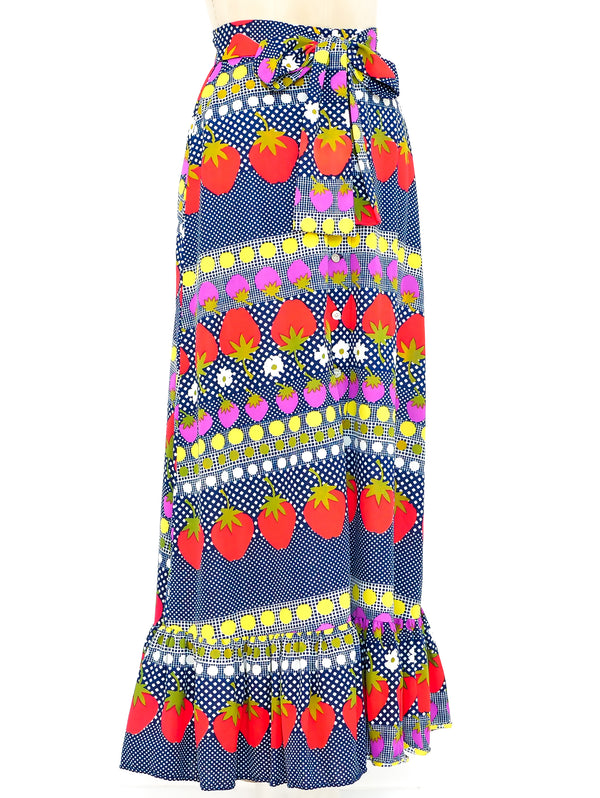 Mixed Strawberry Print Ruffle Maxi Skirt Bottom arcadeshops.com