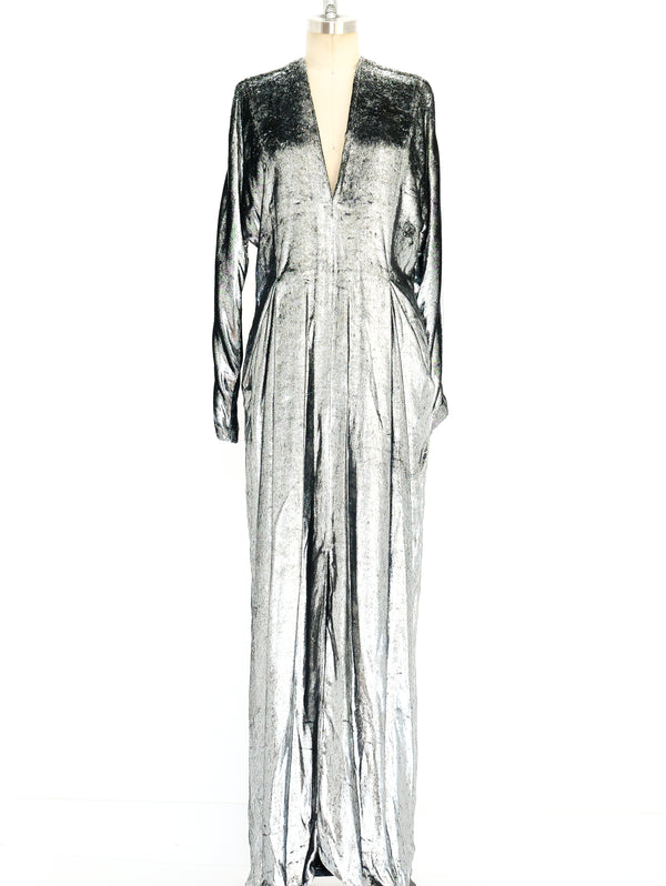 Metallic Silver Panne Velvet Gown Dress arcadeshops.com