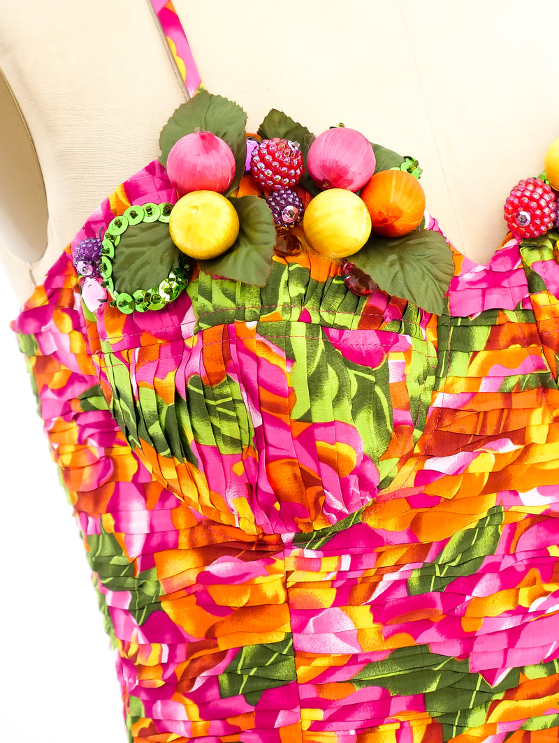 Fruit Embellished Pleated Satin Dress Ensemble  arcadeshops.com