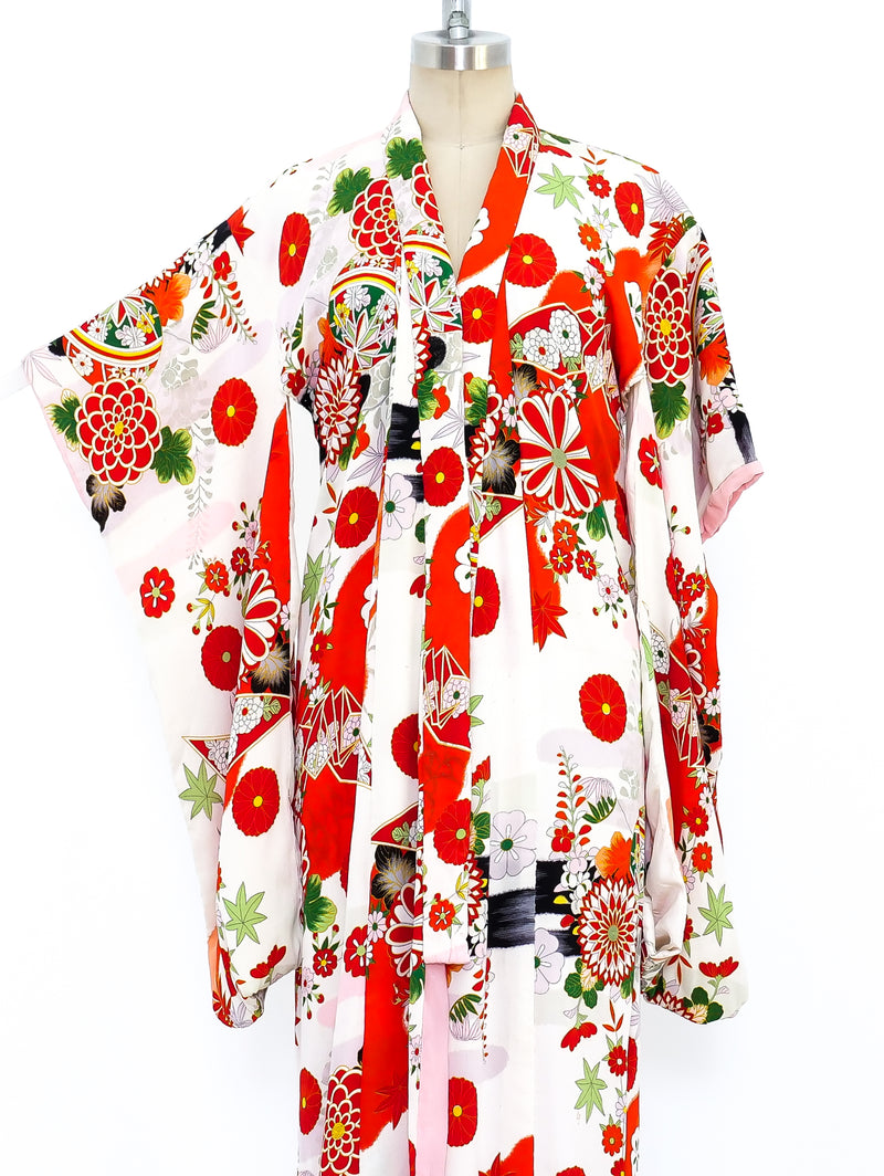 Floral Motif Printed Silk Kimono Robe Jacket arcadeshops.com