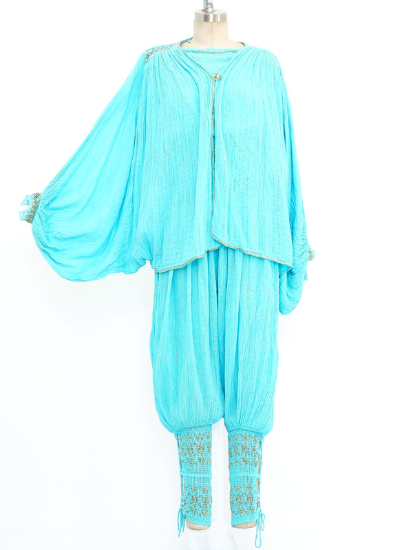 Turquoise Cotton Gauze Pleated Ensemble Suit arcadeshops.com
