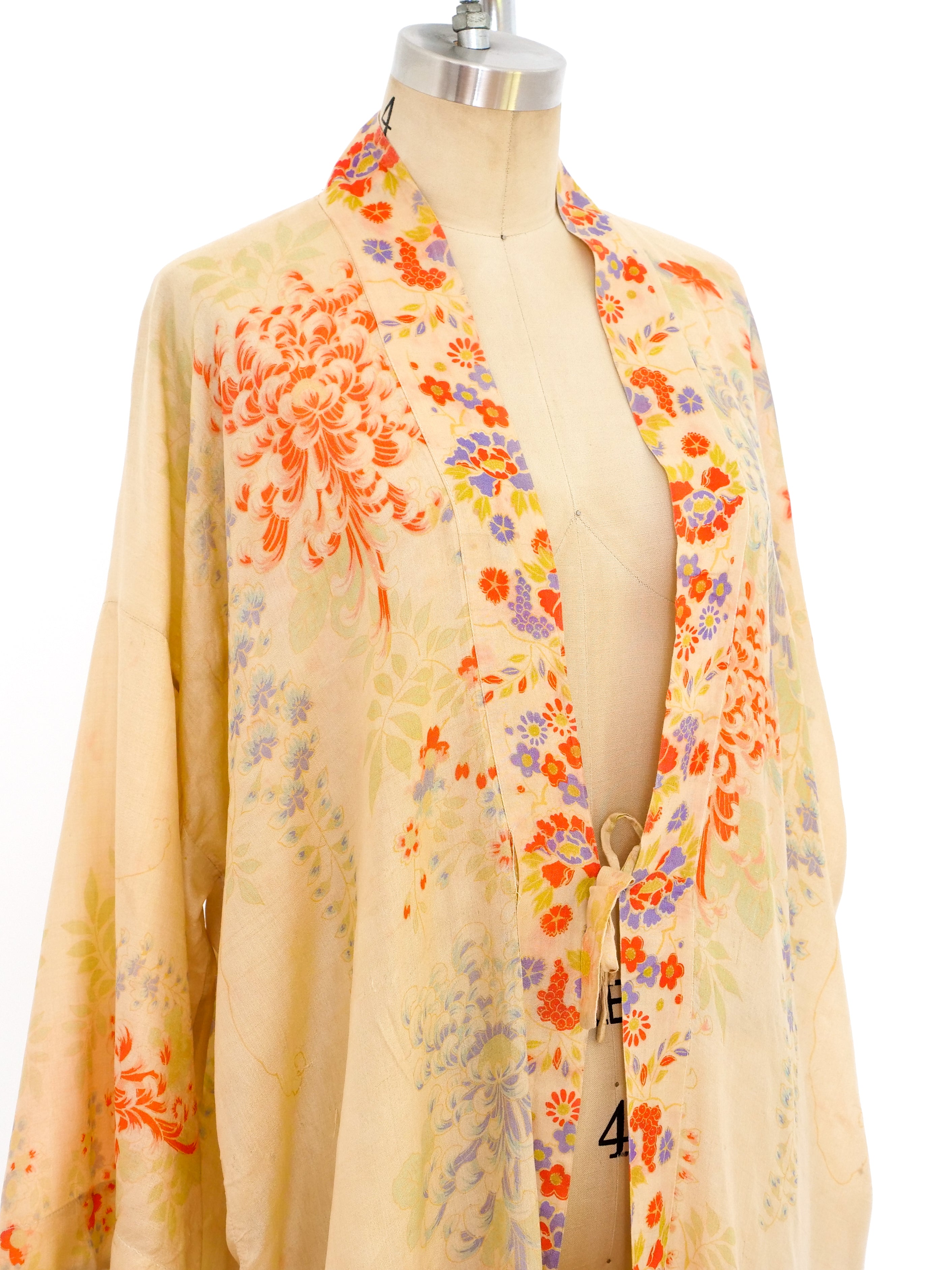 1920s Heavily Printed Floral Pongee Silk Duster Robe- M-L