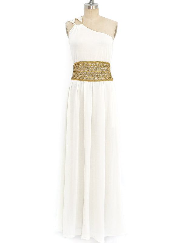 Ivory Jersey Belted One Shoulder Dress Dress arcadeshops.com