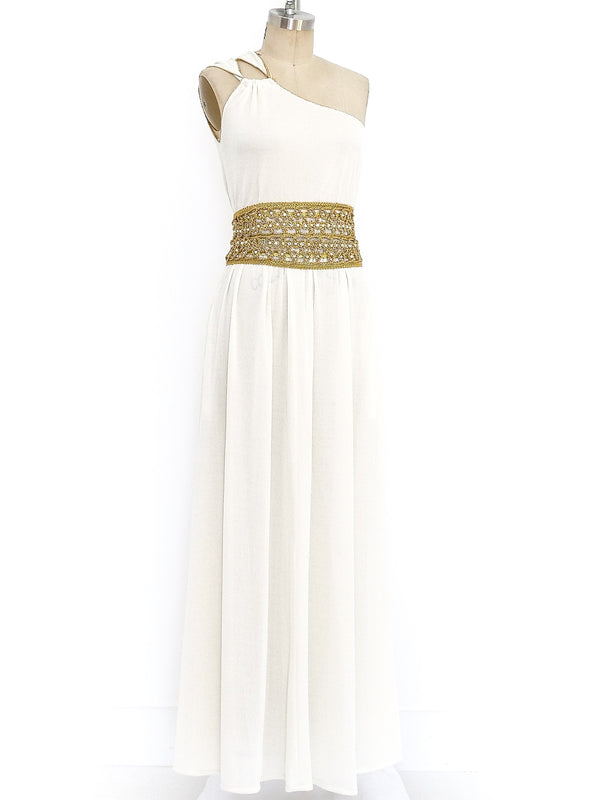 Ivory Jersey Belted One Shoulder Dress Dress arcadeshops.com
